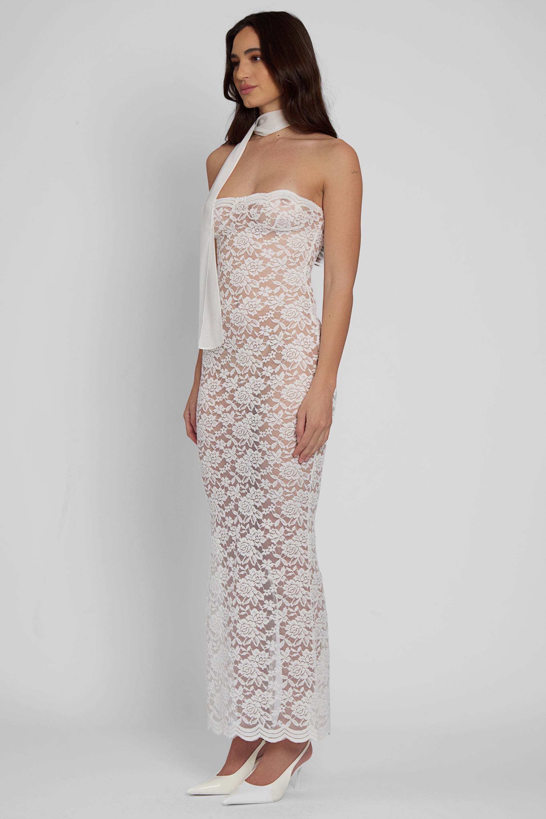 Zalia Straplez Dantelli Midi Elbise | D1084-WHITE-XS | D1084-WHITE-S | D1084-WHITE-M | D1084-WHITE-L | D1084-WHITE-XL | D1084-WHITE-XXL