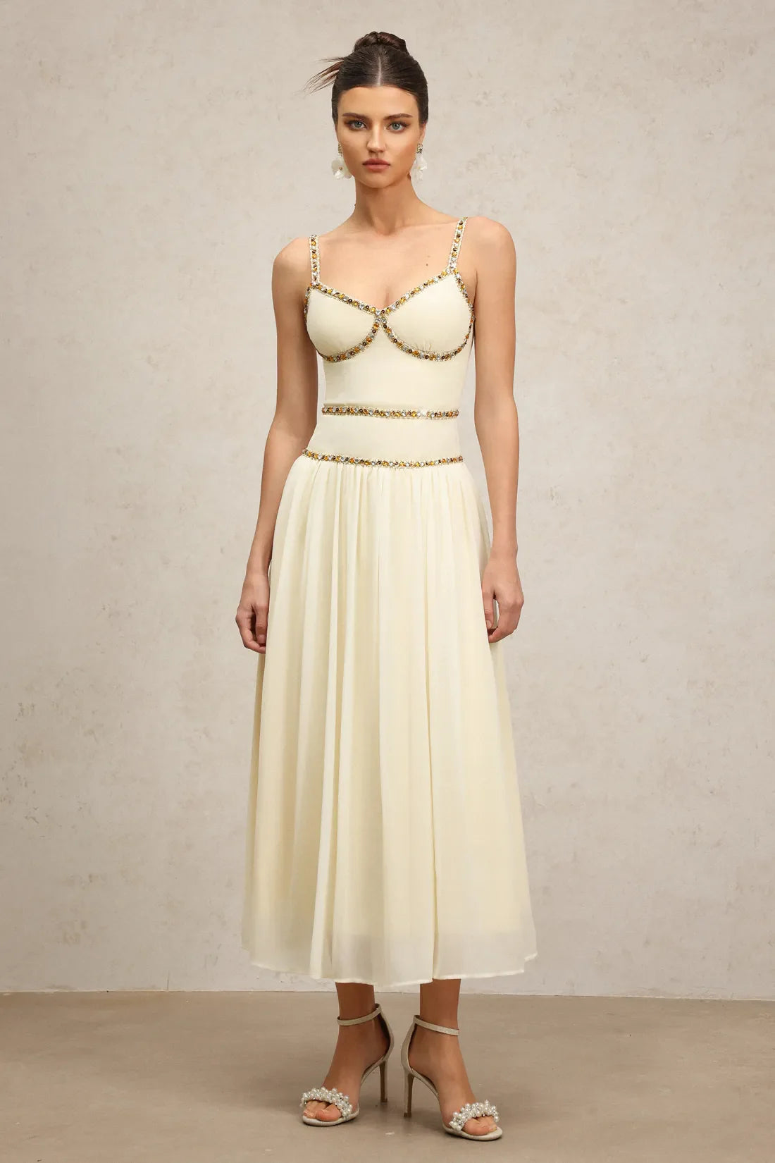Rochelle Halter Diamond Maxi Dress | S-Bej | M-Bej | L-Bej