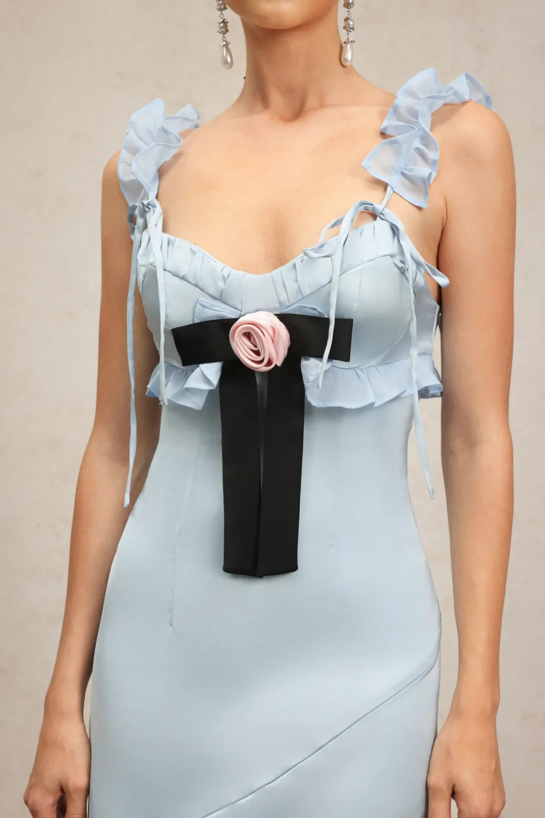 Mirabelle Halter Firfirli Midi Elbise | S-Mavi | M-Mavi | L-Mavi