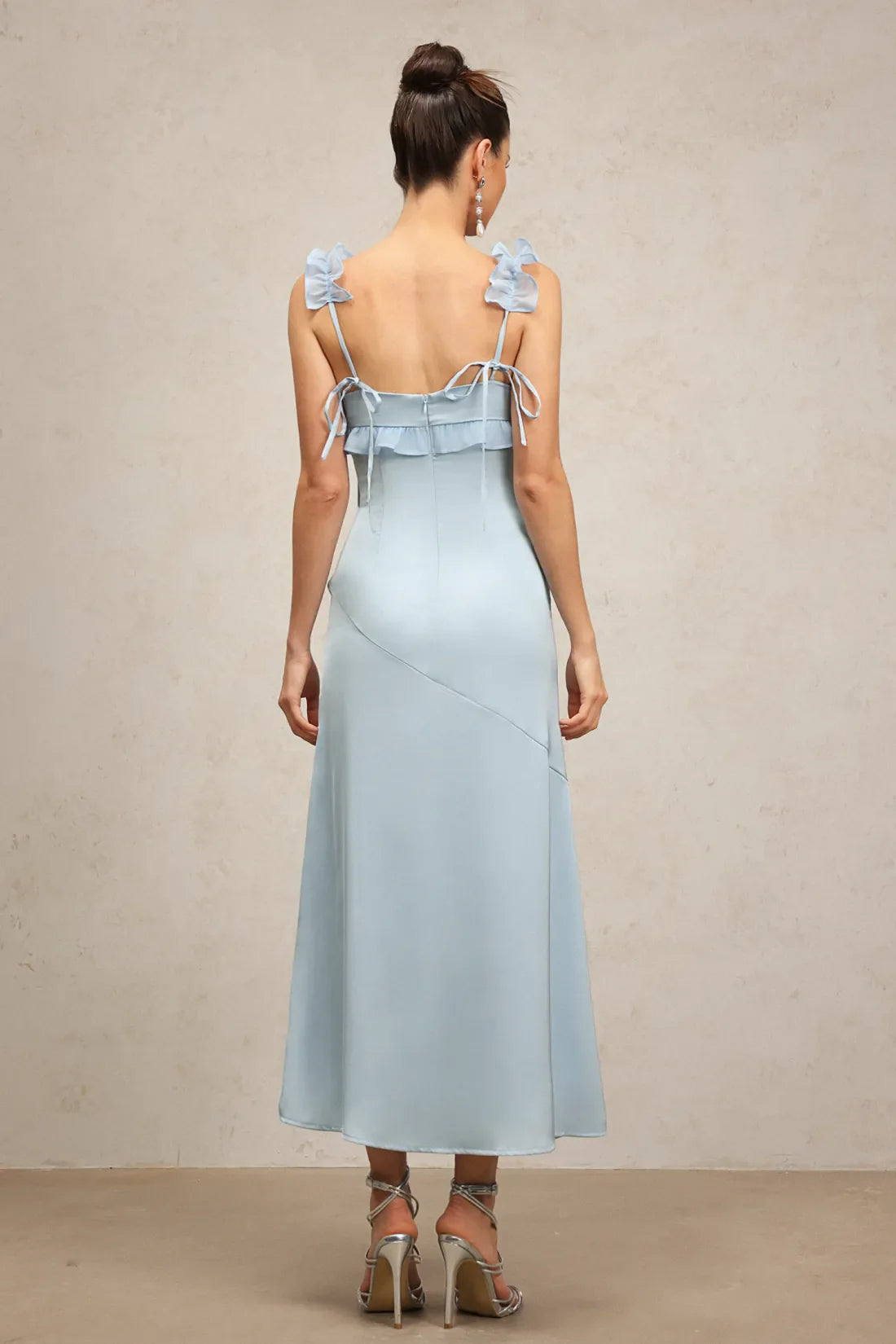 Mirabelle Halter Firfirli Midi Elbise | S-Mavi | M-Mavi | L-Mavi