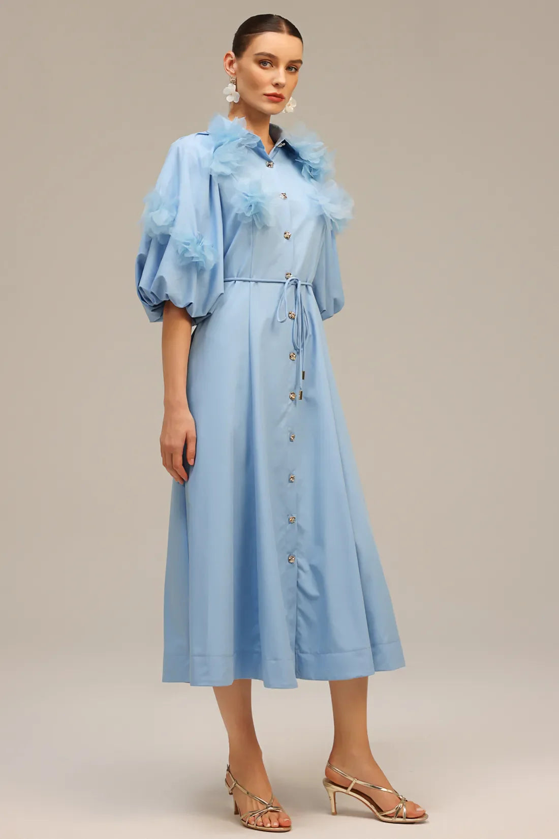 Bristol Kisa Kollu Cicekli Midi Elbise | S | M | L