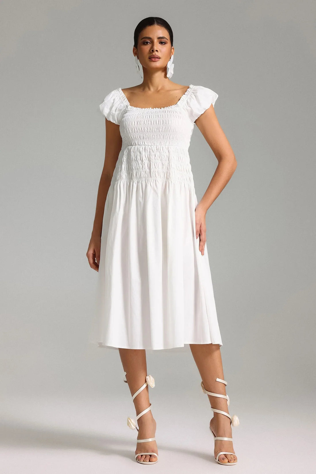 Yetzali Puf Kollu Midi Elbise | S-Beyaz | M-Beyaz | L-Beyaz | Xl-Beyaz | Xxl-Beyaz