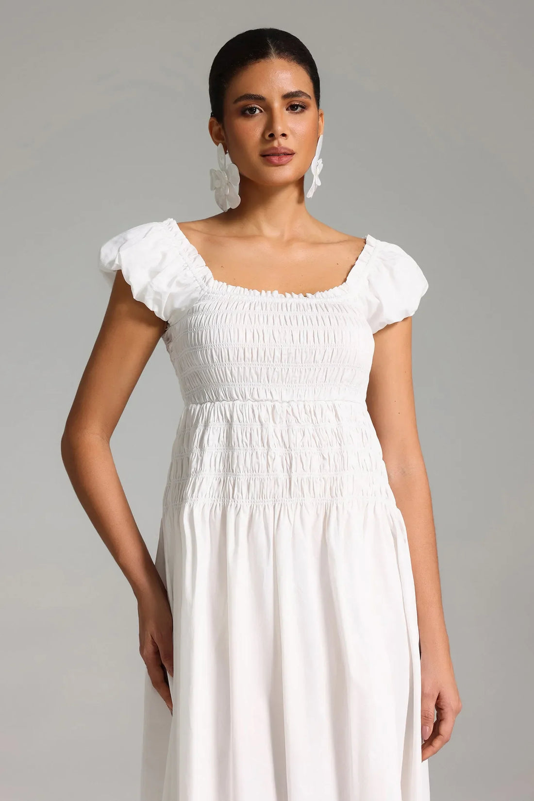 Yetzali Puf Kollu Midi Elbise | S-Beyaz | M-Beyaz | L-Beyaz | Xl-Beyaz | Xxl-Beyaz