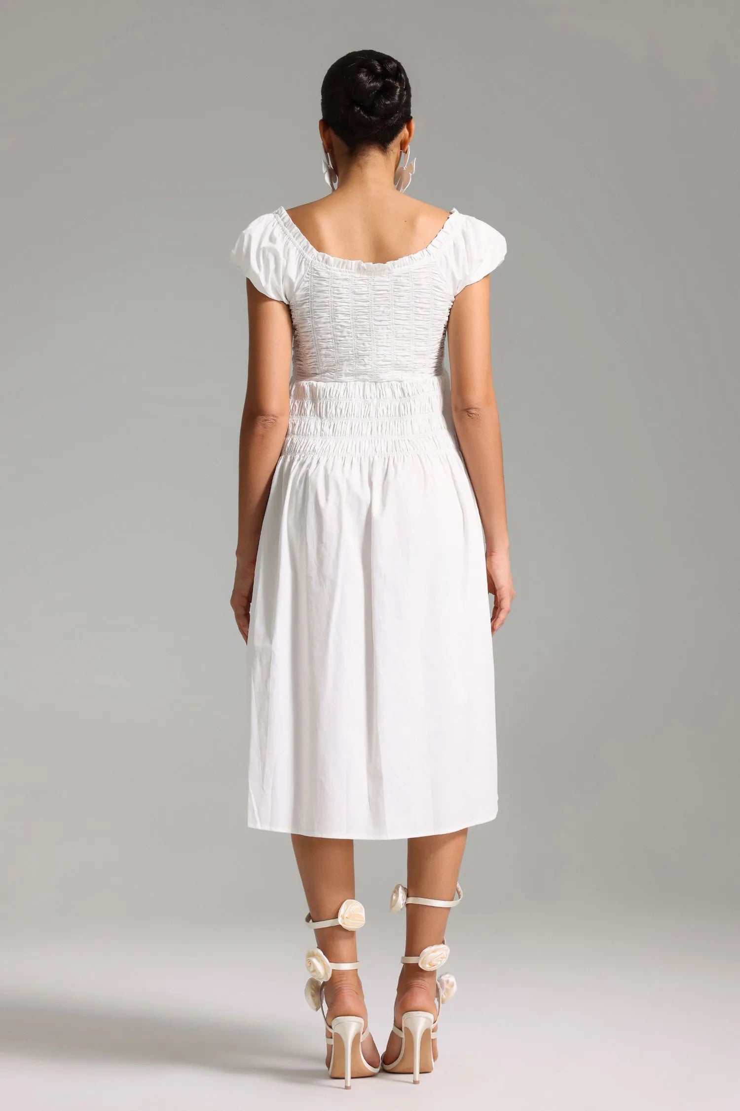 Yetzali Puf Kollu Midi Elbise | S-Beyaz | M-Beyaz | L-Beyaz | Xl-Beyaz | Xxl-Beyaz