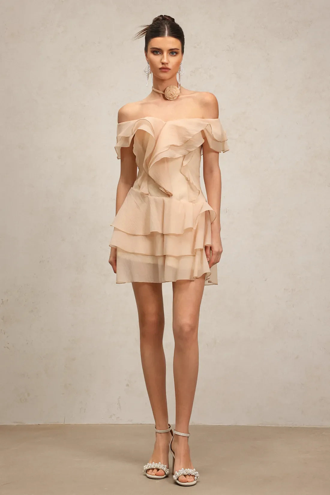 Annemarie Volanli Omuz Acik Mini Elbise | S-Bej | M-Bej | L-Bej