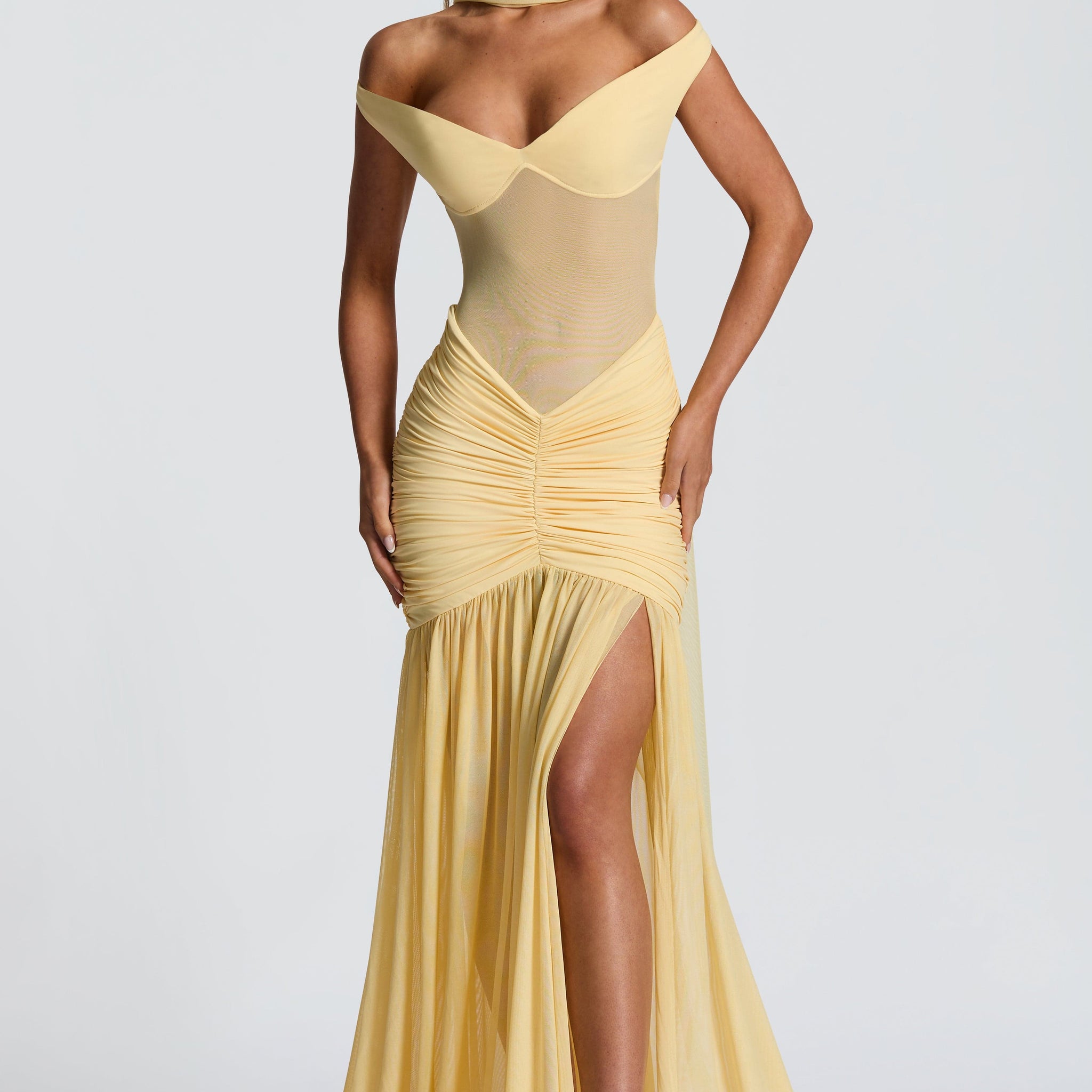 Velorage Amreen Bardot Maksi Elbise | BBF4081-D - LEMON - XS | BBF4081-D - LEMON - S | BBF4081-D - LEMON - M | BBF4081-D - LEMON - L | BBF4081-D - LEMON - XL | BBF4081-D - LEMON - XXL