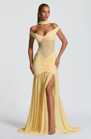 Velorage Amreen Bardot Maksi Elbise | BBF4081-D - LEMON - XS | BBF4081-D - LEMON - S | BBF4081-D - LEMON - M | BBF4081-D - LEMON - L | BBF4081-D - LEMON - XL | BBF4081-D - LEMON - XXL