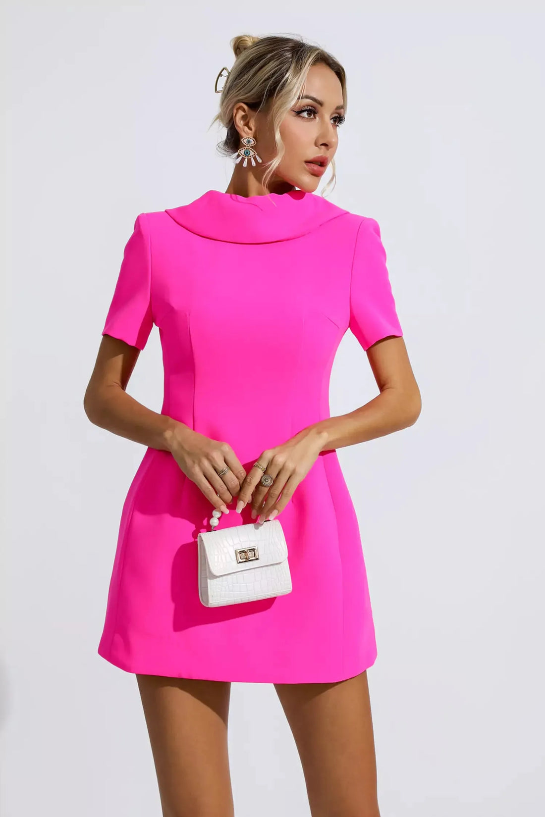 Etta Kisa Kollu Fiyonk Detayli Mini Elbise | S-Pembe | M-Pembe | L-Pembe | Xl-Pembe | Xxl-Pembe