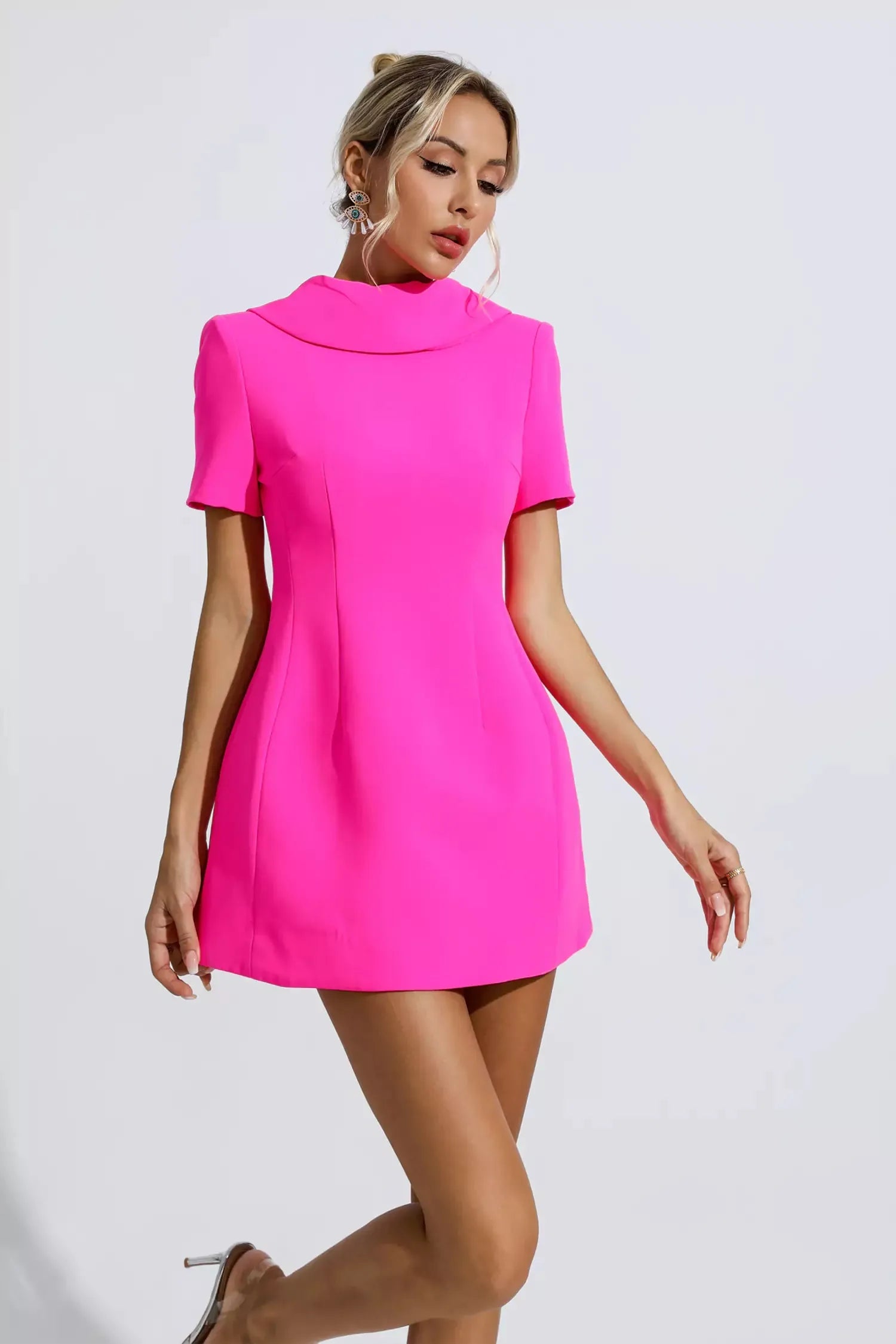 Etta Kisa Kollu Fiyonk Detayli Mini Elbise | S-Pembe | M-Pembe | L-Pembe | Xl-Pembe | Xxl-Pembe
