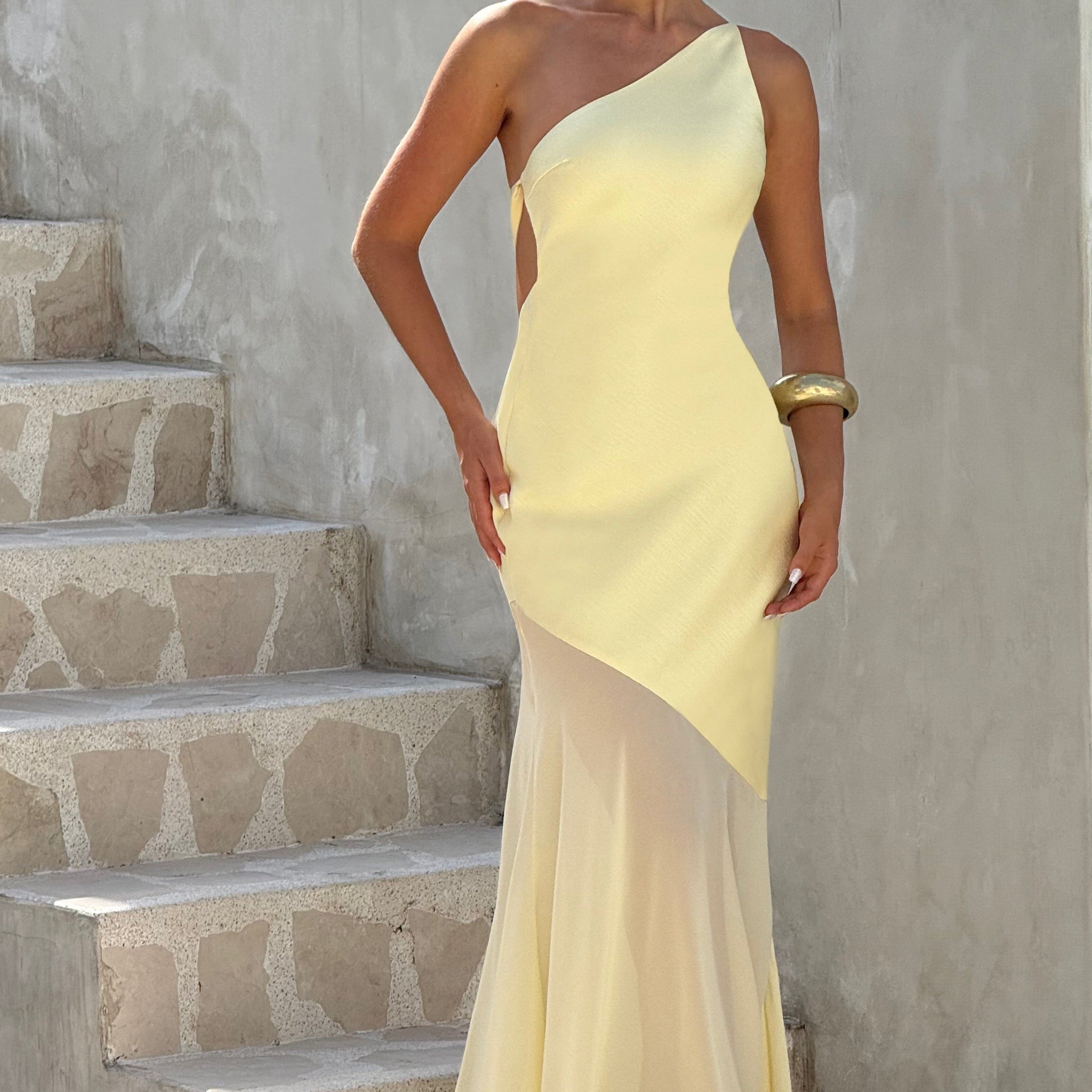 Velorage Edna Limon Tek Omuz Maxi Elbise | BBF4017-D - LEMON - XS | BBF4017-D - LEMON - S | BBF4017-D - LEMON - M | BBF4017-D - LEMON - L | BBF4017-D - LEMON - XL | BBF4017-D - LEMON - XXL
