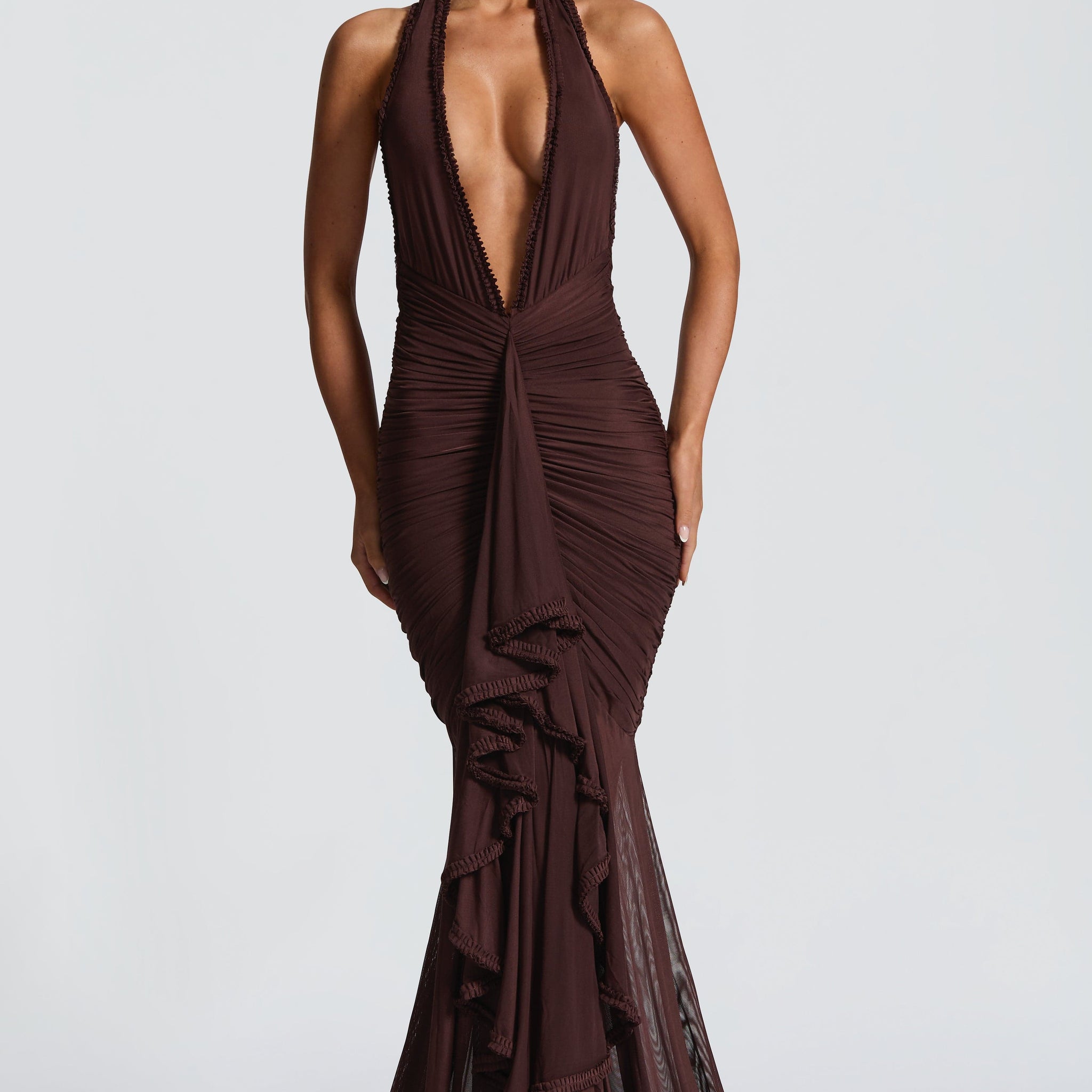 Velorage Mishika Halter Maxi Elbise | BBF4027-D - PLUM BROWN - XS | BBF4027-D - PLUM BROWN - S | BBF4027-D - PLUM BROWN - M | BBF4027-D - PLUM BROWN - L | BBF4027-D - PLUM BROWN - XL | BBF4027-D - PLUM BROWN - XXL