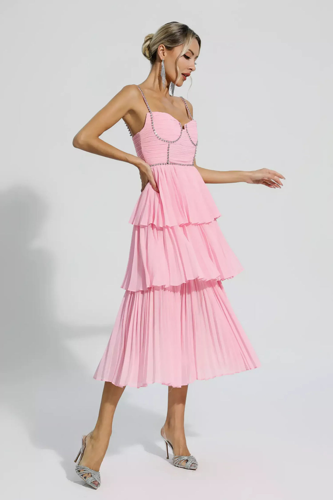 Daniella Pembe Pileli Midi Elbise | S-Pembe | M-Pembe | L-Pembe | Xl-Pembe