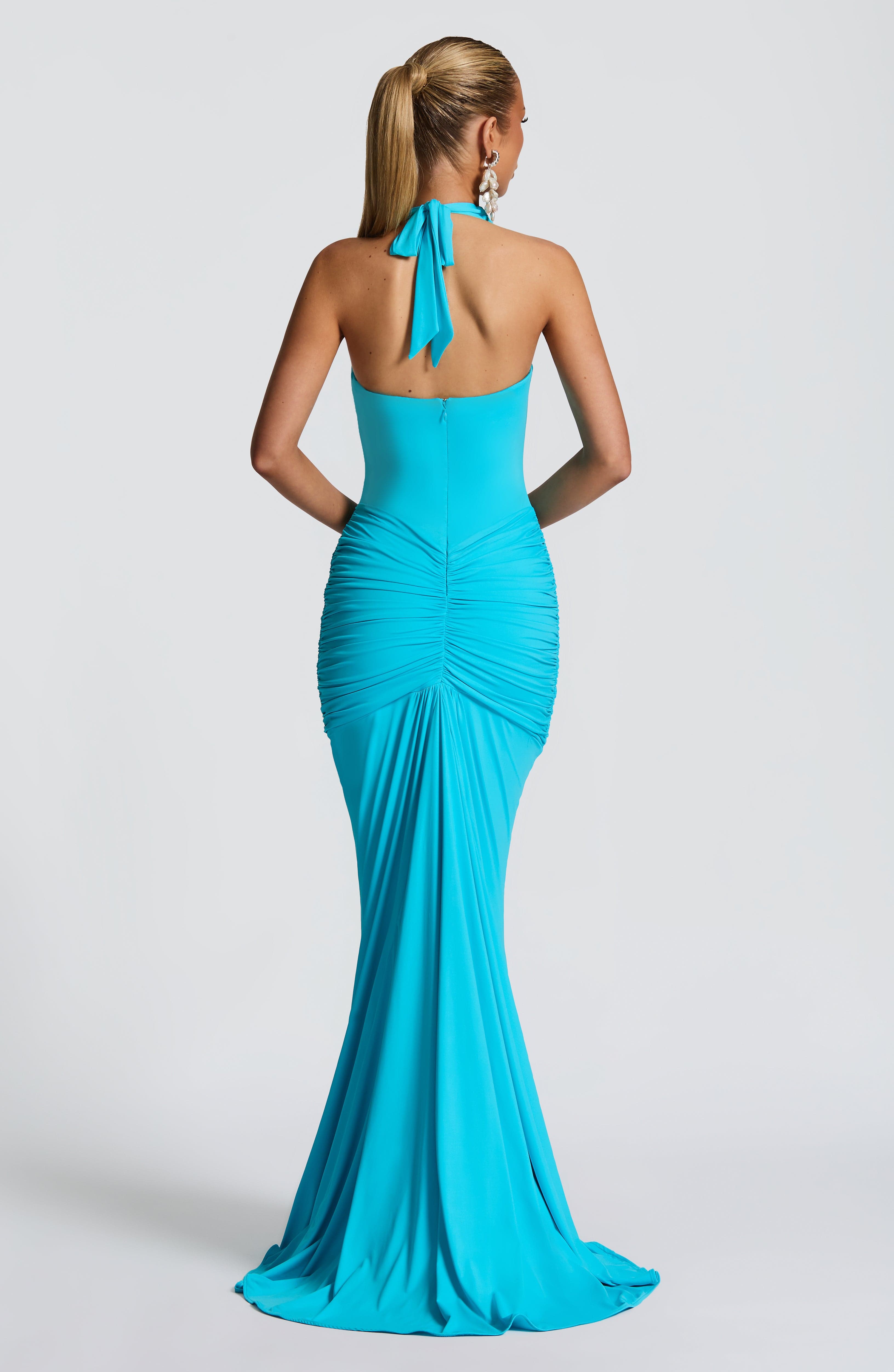 Velorage Meena Turkuaz Halter Maxi Elbise