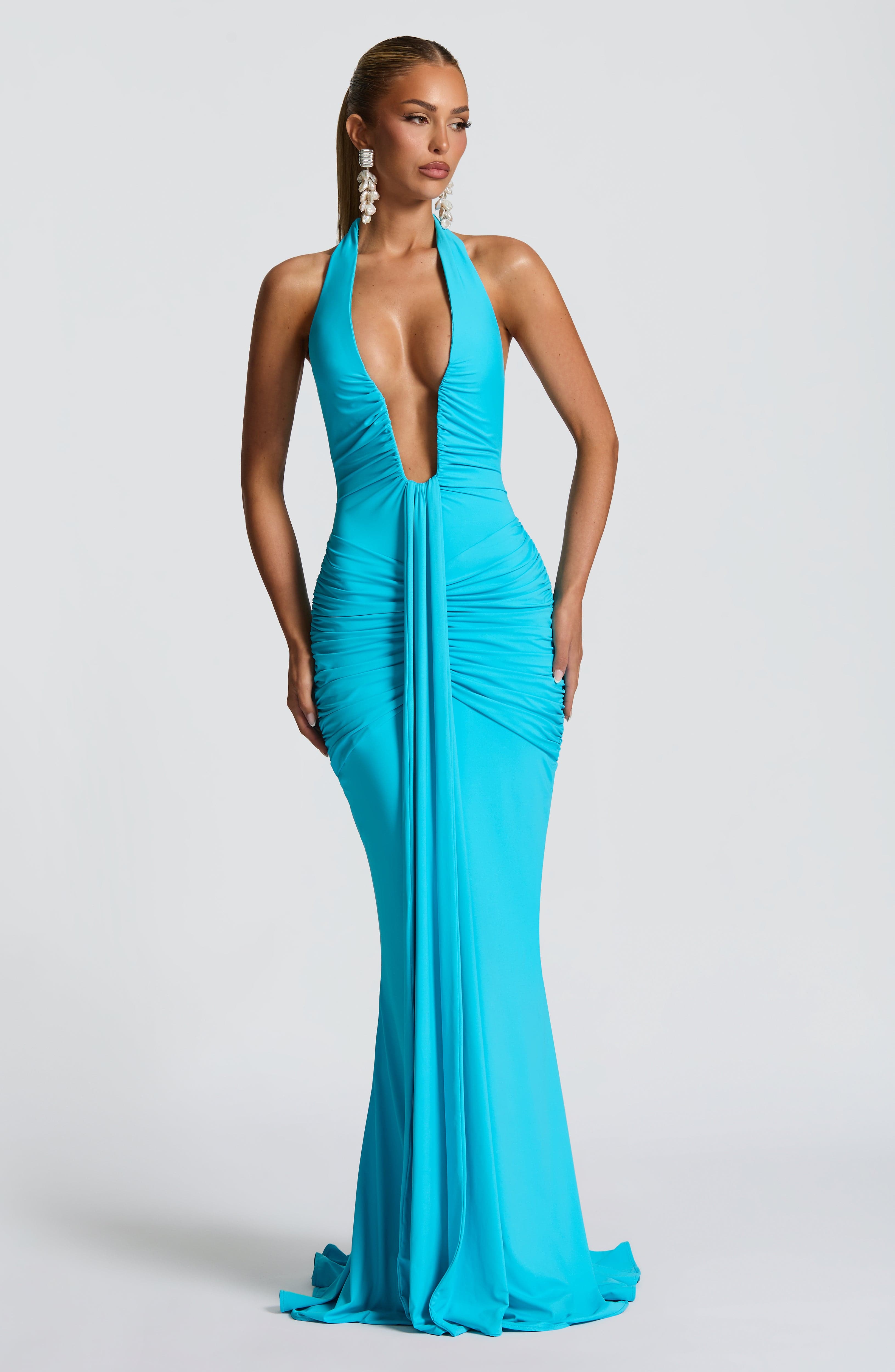 Velorage Meena Turkuaz Halter Maxi Elbise