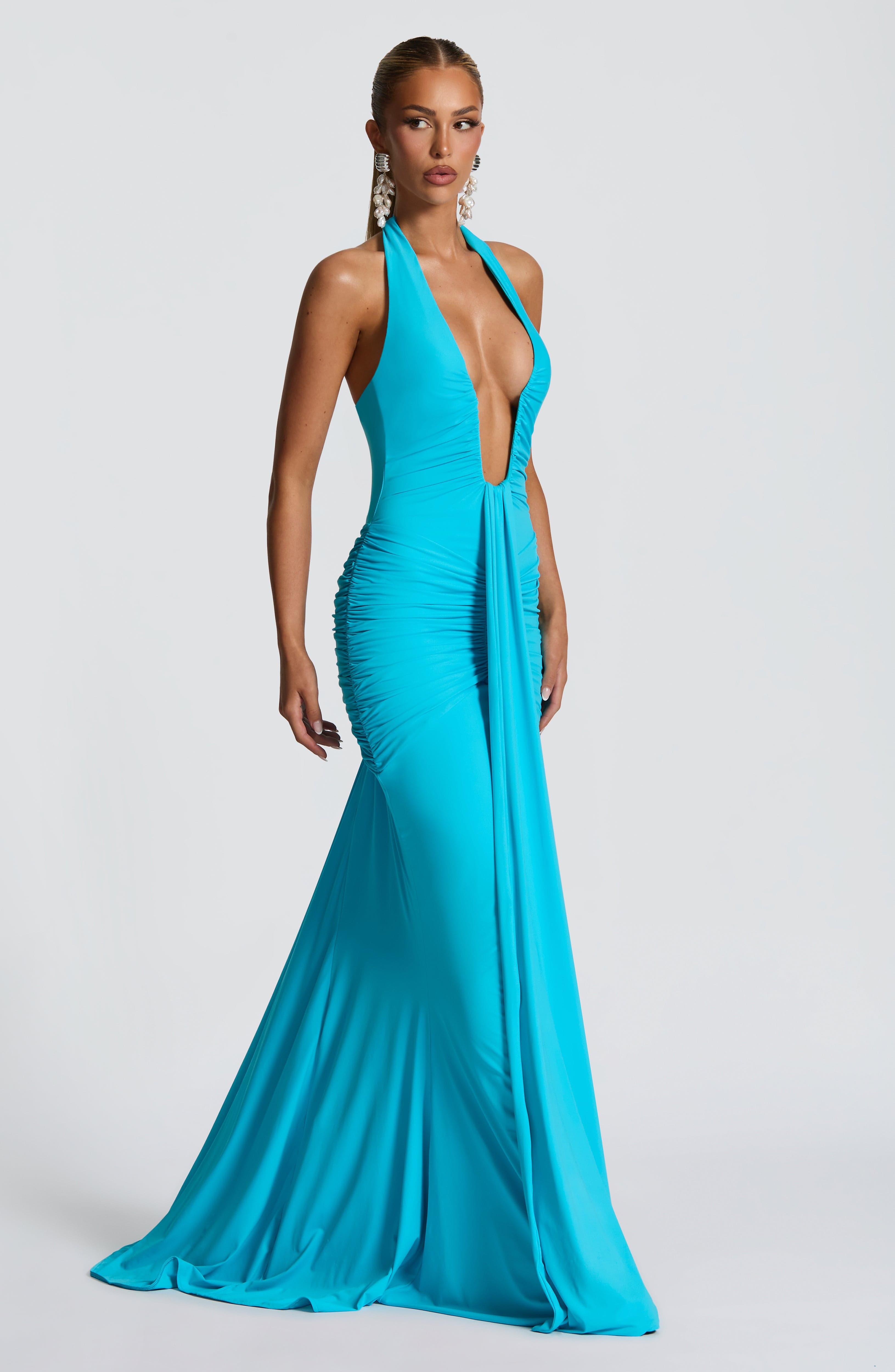Velorage Meena Turkuaz Halter Maxi Elbise