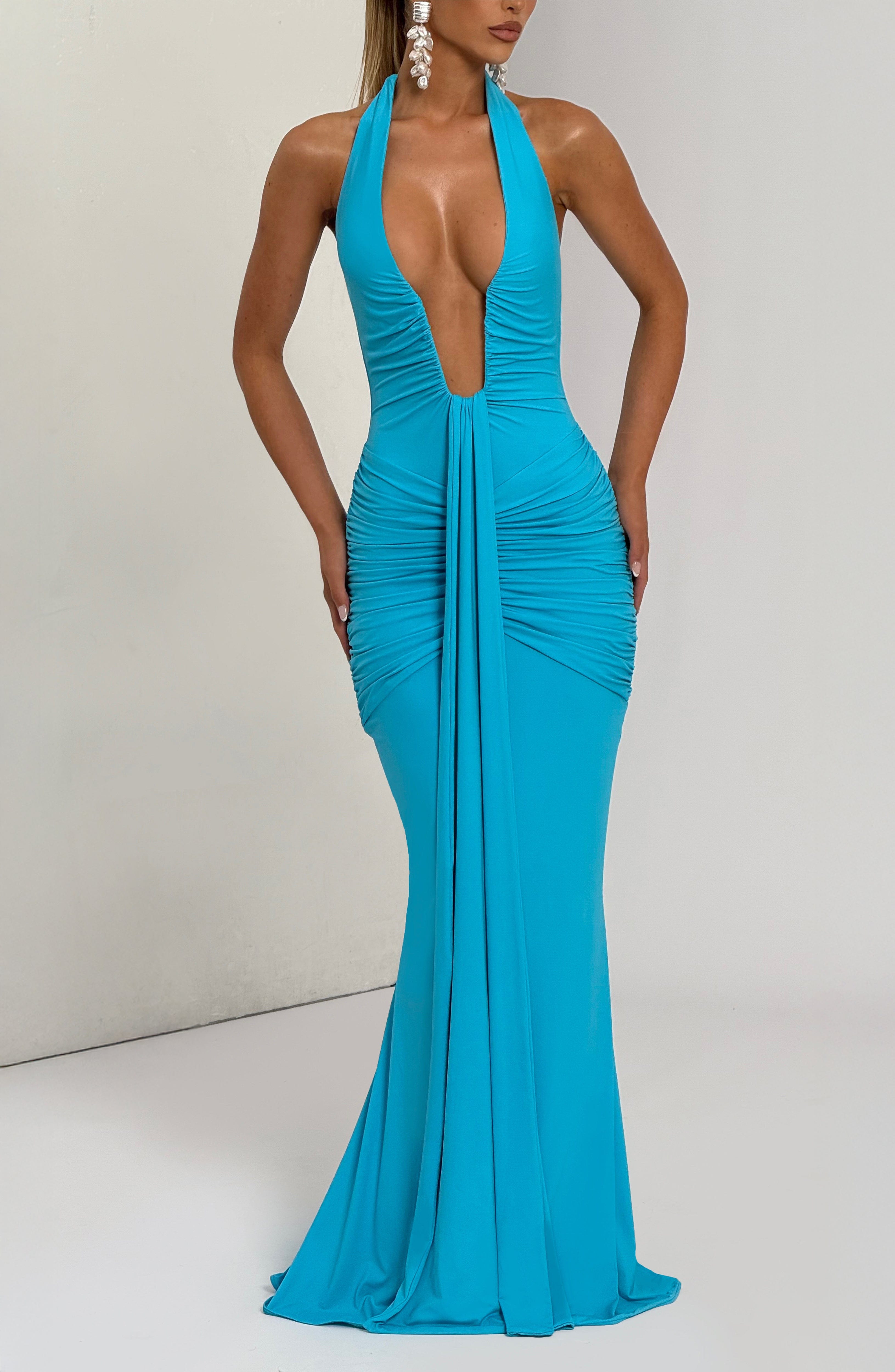 Velorage Meena Turkuaz Halter Maxi Elbise