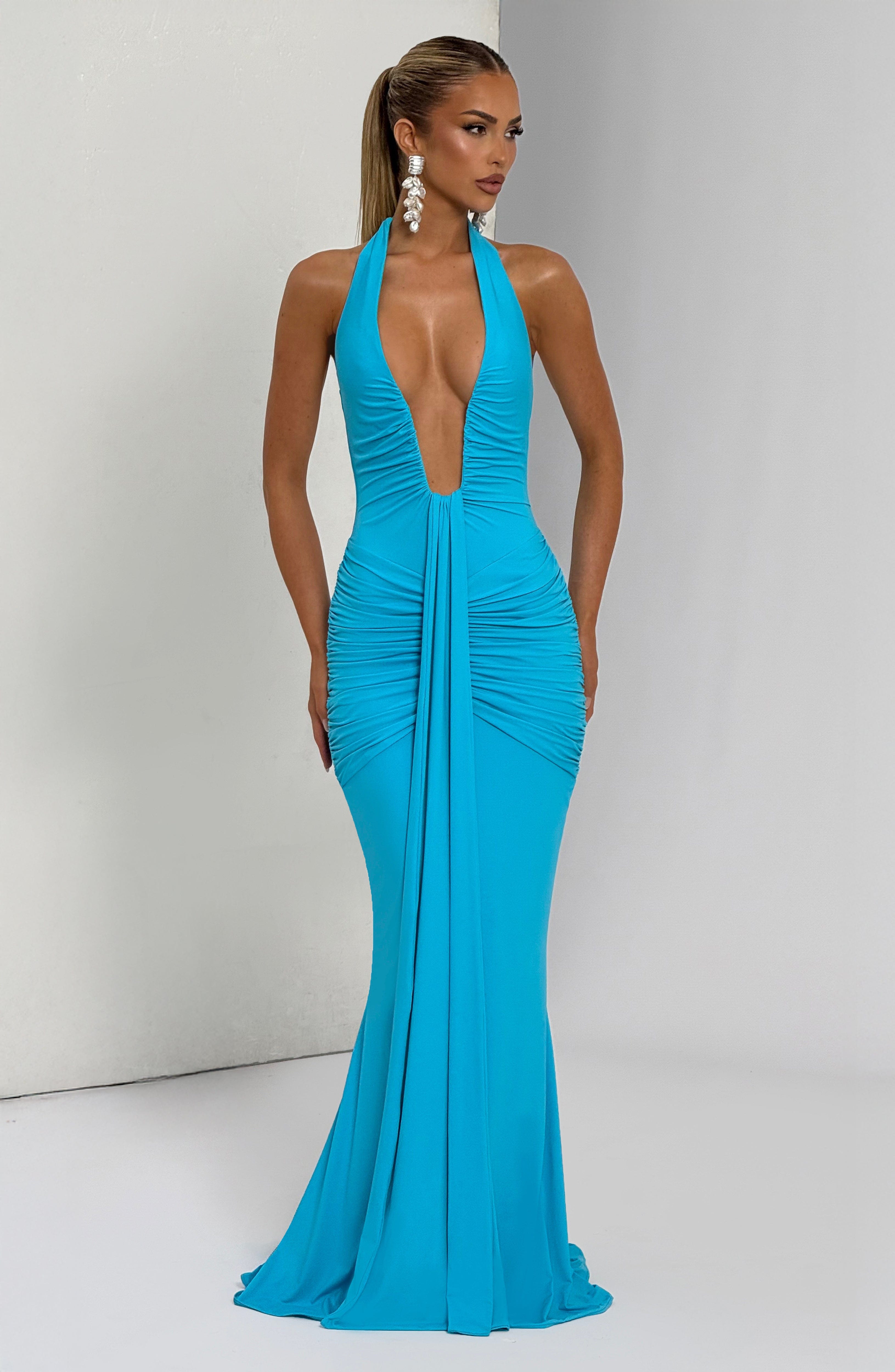 Velorage Meena Turkuaz Halter Maxi Elbise