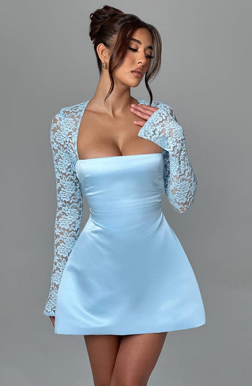 Velorage Goldie Saten Dantel Mini Elbise | BBF3607-D - BLUE - XS | BBF3607-D - BLUE - S | BBF3607-D - BLUE - M | BBF3607-D - BLUE - L | BBF3607-D - BLUE - XL | BBF3607-D - BLUE - XXL