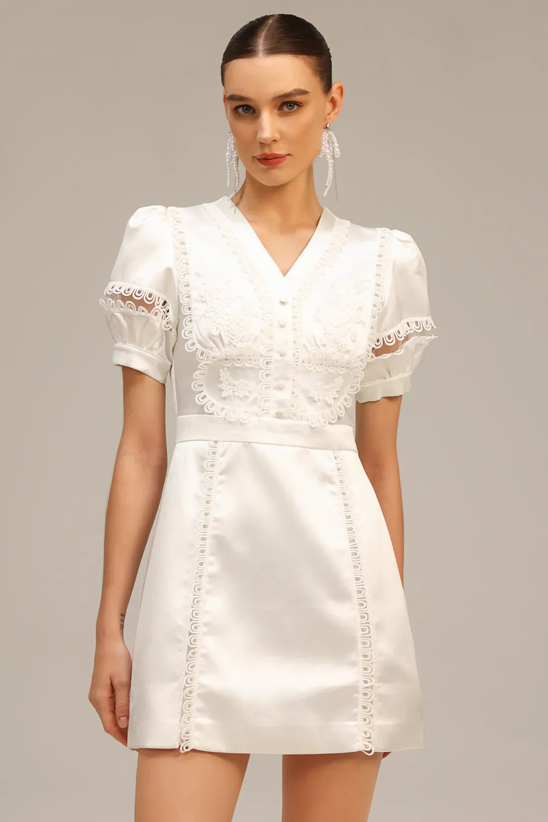 Teighan Saten Puf Kollu Mini Elbise | S-Beyaz | M-Beyaz | L-Beyaz