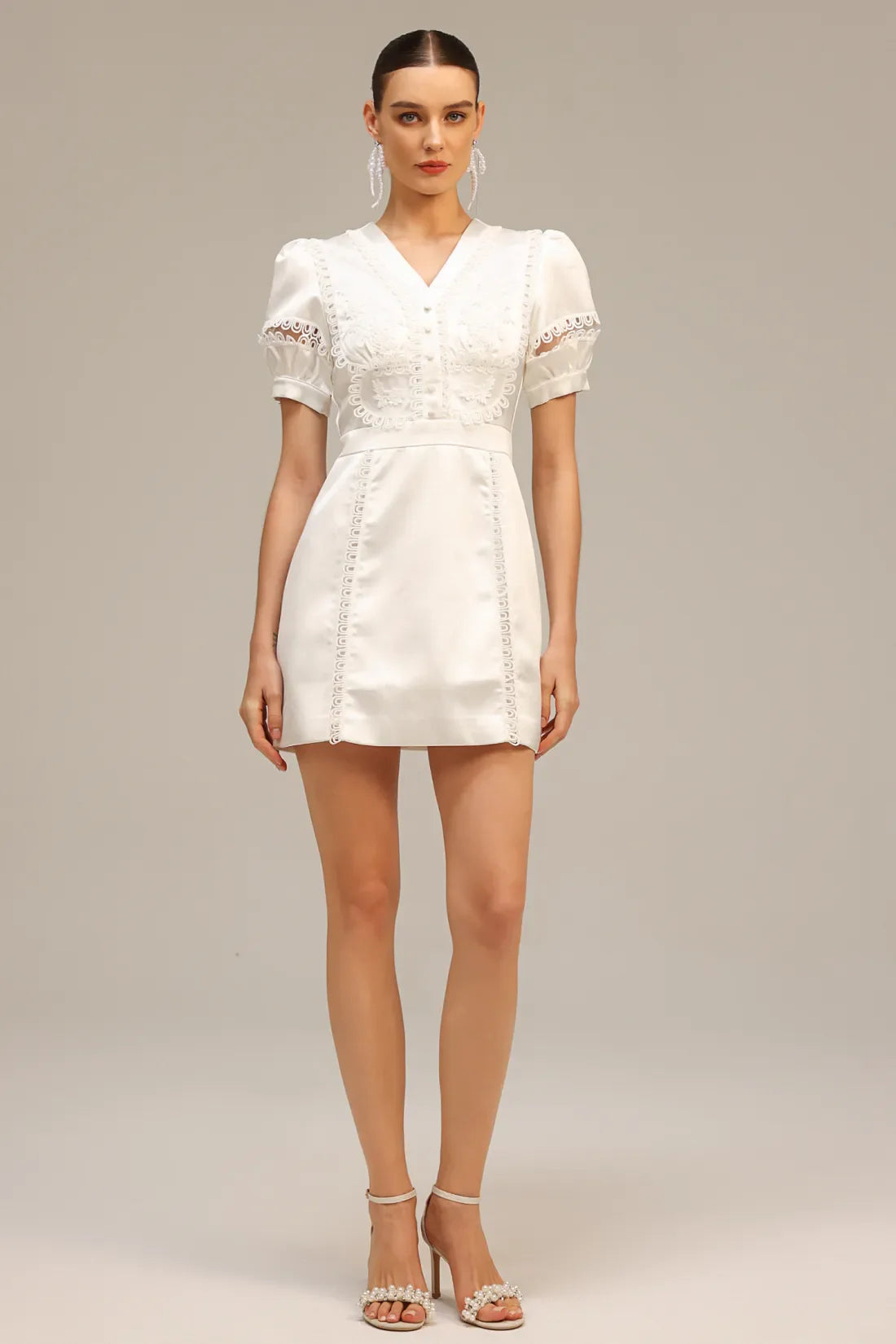 Teighan Saten Puf Kollu Mini Elbise | S-Beyaz | M-Beyaz | L-Beyaz