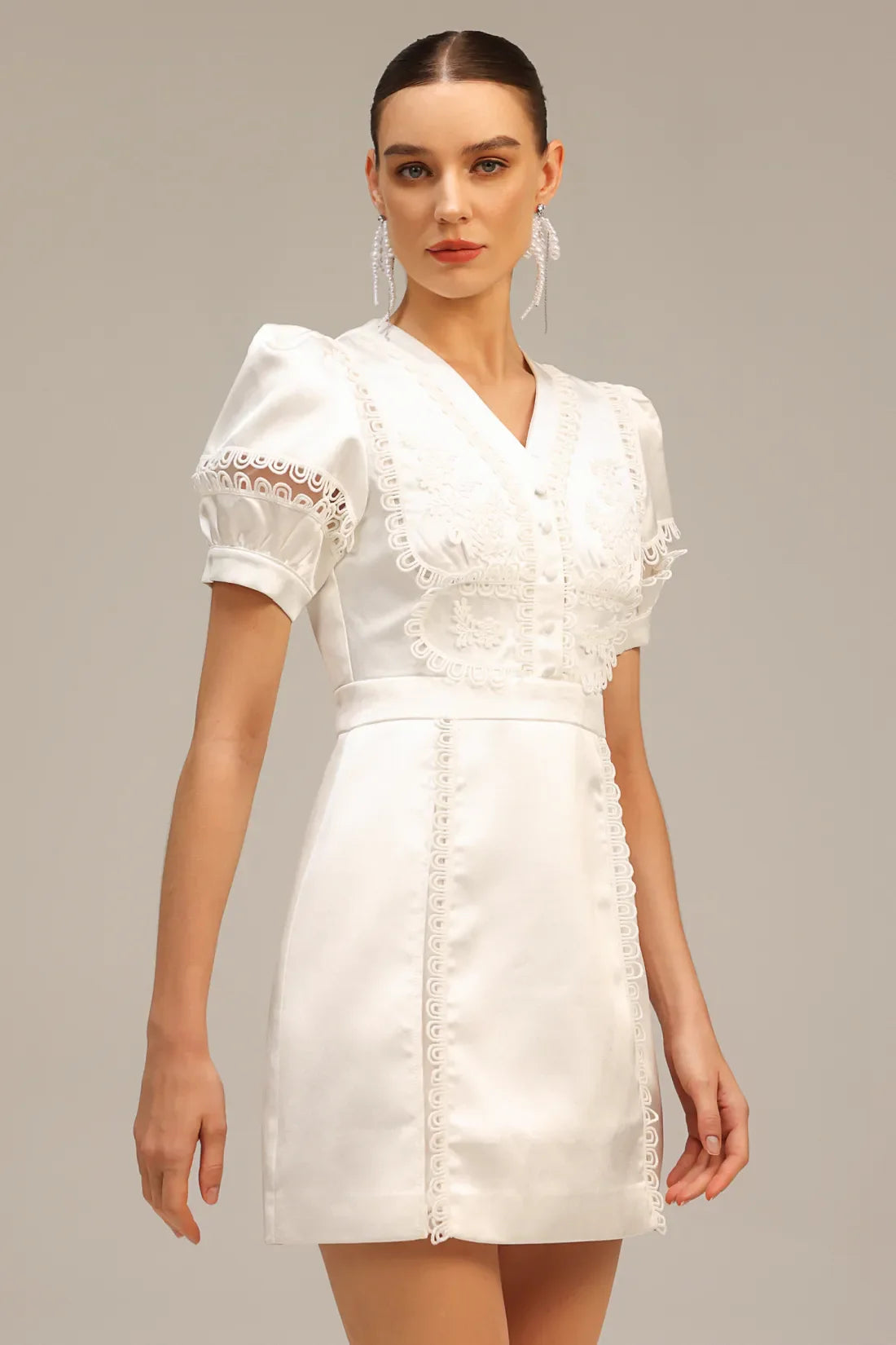 Teighan Saten Puf Kollu Mini Elbise | S-Beyaz | M-Beyaz | L-Beyaz