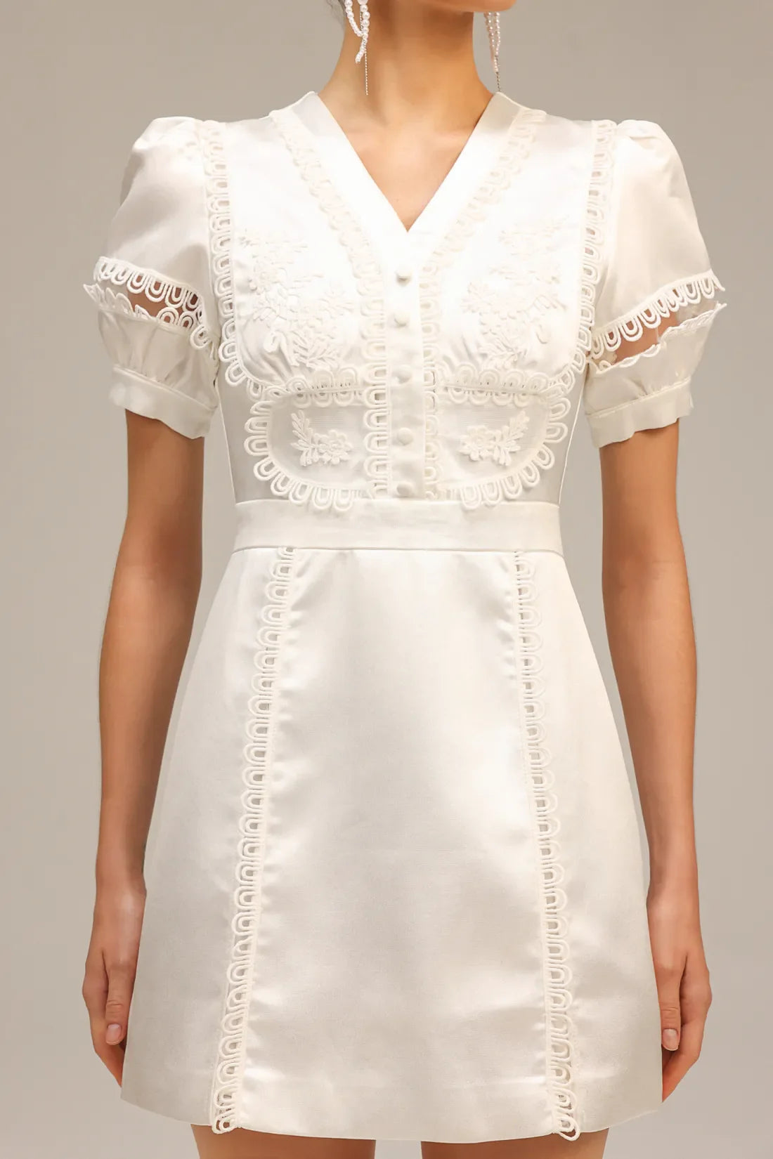 Teighan Saten Puf Kollu Mini Elbise | S-Beyaz | M-Beyaz | L-Beyaz