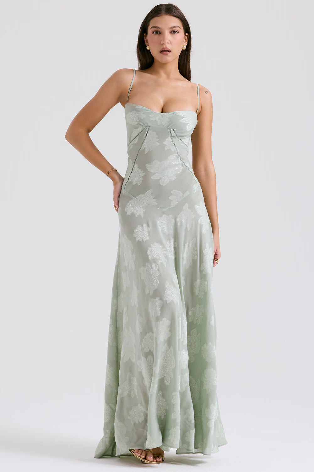 Velorage Julieann Cicek Dantelli Maxi Elbise | Gri-XS | Gri-S | Gri-M | Gri-L | Gri-XL