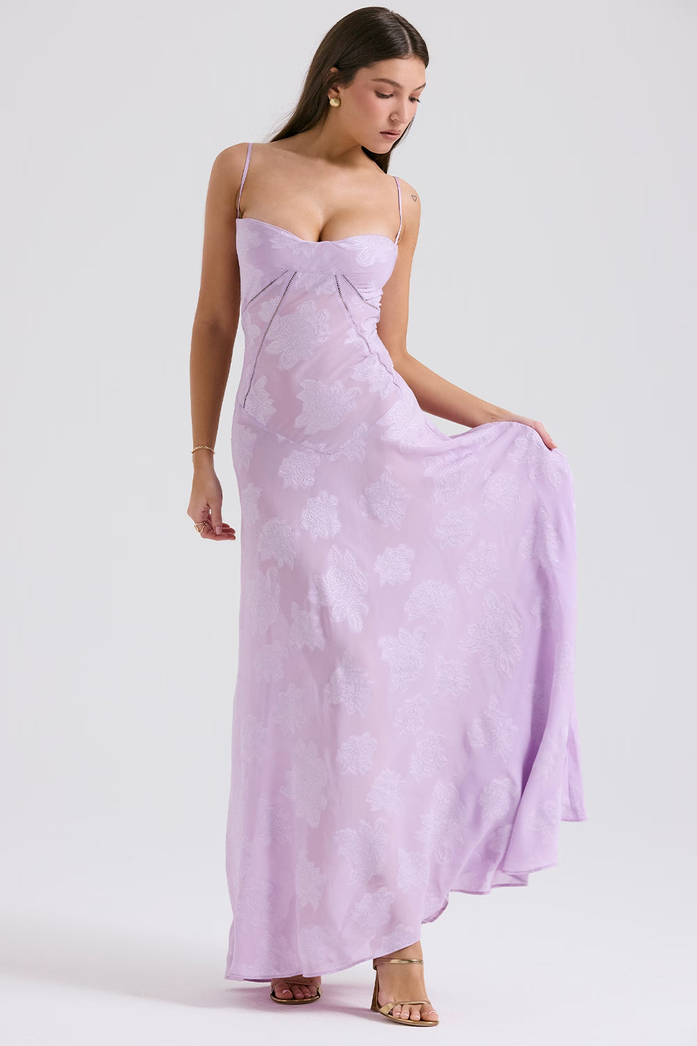 Velorage Julieann Cicek Dantelli Maxi Elbise | Gri-XS | Gri-S | Gri-M | Gri-L | Gri-XL