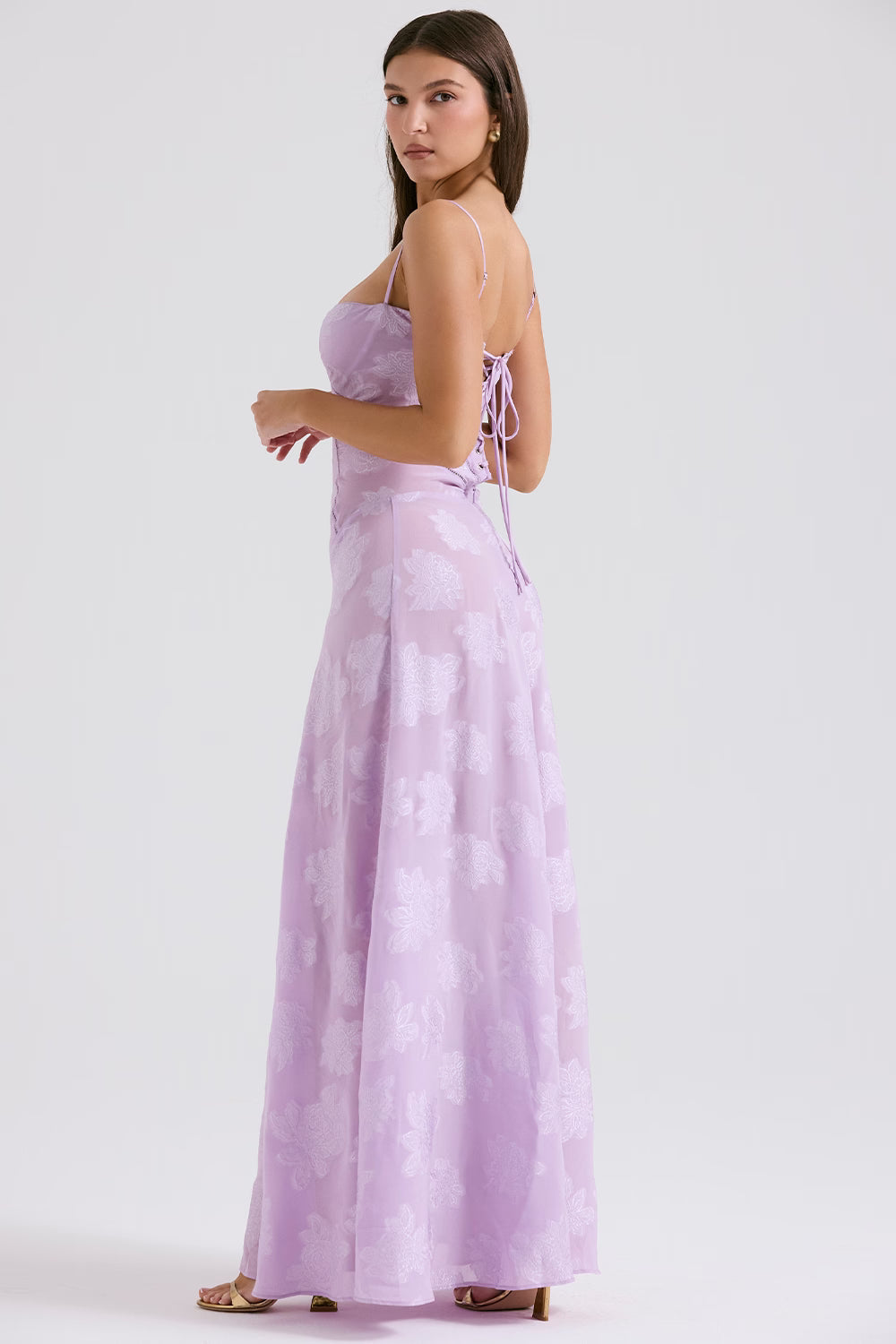 Velorage Julieann Cicek Dantelli Maxi Elbise | Gri-XS | Gri-S | Gri-M | Gri-L | Gri-XL