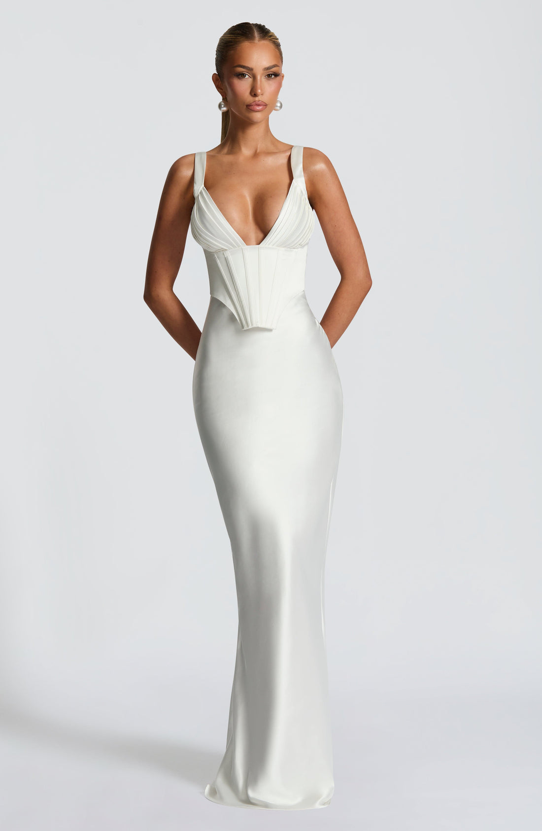 Velorage Taylynn Korse Saten Maksi Elbise | BBF3234-D- IVORY - XS | BBF3234-D- IVORY - S | BBF3234-D- IVORY - M | BBF3234-D- IVORY - L | BBF3234-D- IVORY - XL | BBF3234-D- IVORY - XXL