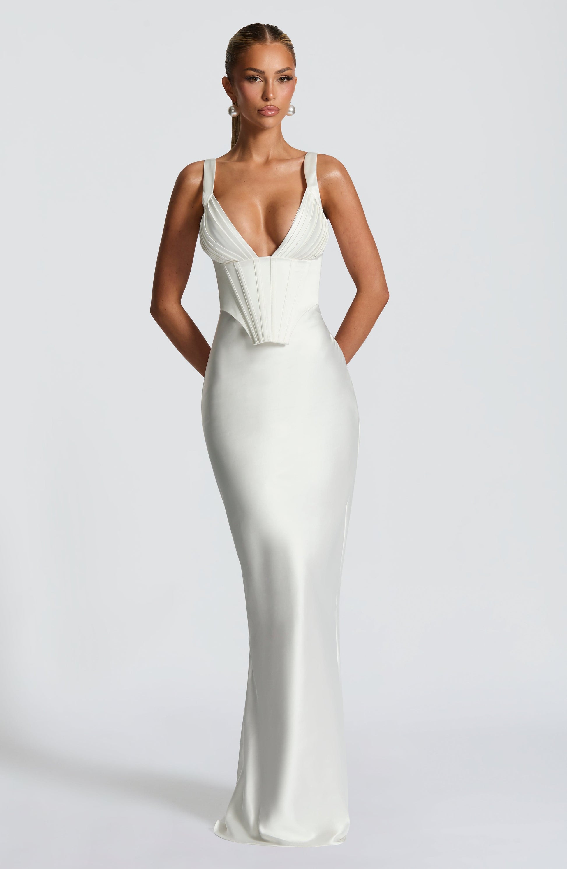 Velorage Taylynn Korse Saten Maksi Elbise | BBF3234-D- IVORY - XS | BBF3234-D- IVORY - S | BBF3234-D- IVORY - M | BBF3234-D- IVORY - L | BBF3234-D- IVORY - XL | BBF3234-D- IVORY - XXL