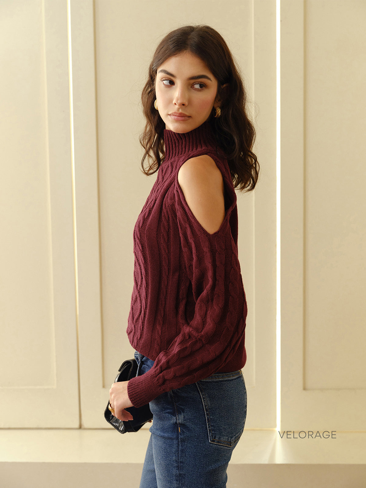 Velorage Ayleen Soguk Omuz Orgu Kazak | Bordo-S | Bordo-M | Bordo-L | Bordo-XL