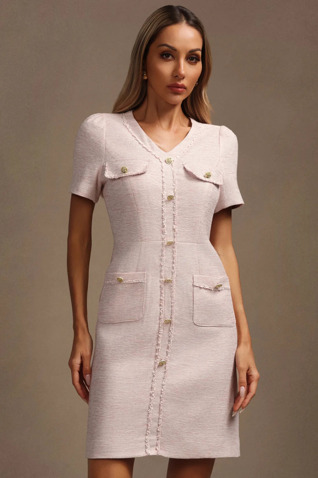 Zhuri Kisa Kollu Mini Elbise | S-Pembe | M-Pembe | L-Pembe